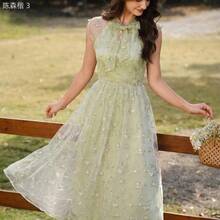 yonghongmaoyi1  Vestido de mujer elegante y vintage con bordado floral de malla y lazo, vestido casual de verano para vacaciones, vestido de primavera, ropa de primavera para mujer, vestido de fiesta elegante, vestido de invitada de boda, vestido de graduación, vestido de ceremonia elegante, vestido formal para mujer - Celeste - Ver 7