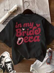Minimalist, 100% Cotton, 1-Piece. Short-Sleeved T-Shirt With Double-Sided Cartoon Print And "In My Bride Era" Slogan, Women's Casual Top For Spring And Summer. - 黑色 - 查看 2