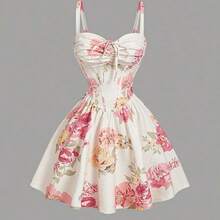 dagjydgfyja  MOD Vestido midi acampanado con cintura fruncida y estampado de flores, con decoración de lazo. Ideal para rave, estilo bohemio, conciertos, graduación, romántico, verano, elegante, vacaciones, fiestas, fluido, invitada de boda, té, modesto, baile de graduación, formal, floral, salidas nocturnas - Verde - Ver 2