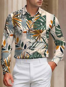 Standard Size Men's Long Sleeve Printed Shirt With Tropical Plant Pattern Collage, Fashion Casual Button- Collar Shirt, Men's Long Sleeve Shirt, Digital Print Versatile Regular Fit Dress Shirt, Comfortable Work Clothes For Men - 彩色 - 查看 3