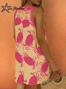 Women's Elegant Sexy Sleeveless Yellow Random Crab Print Dress, Suitable For Spring And Autumn Party Pink Summer - Pink - View 2