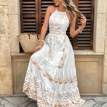 Vestido dorado con estampado geométrico y espalda descubierta para vacaciones . - Azul - Ver 2