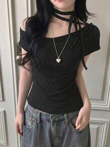 Korean Style Sweet Polka Dot Asymmetric Shoulder Short Sleeve Summer Top Black - Black - View 8