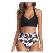 Bikini de cintura alta con estampado, tirantes al cuello y lazos, para mujer; bañador de dos piezas que estiliza la figura - pantalones negros y verdes - Ver 7