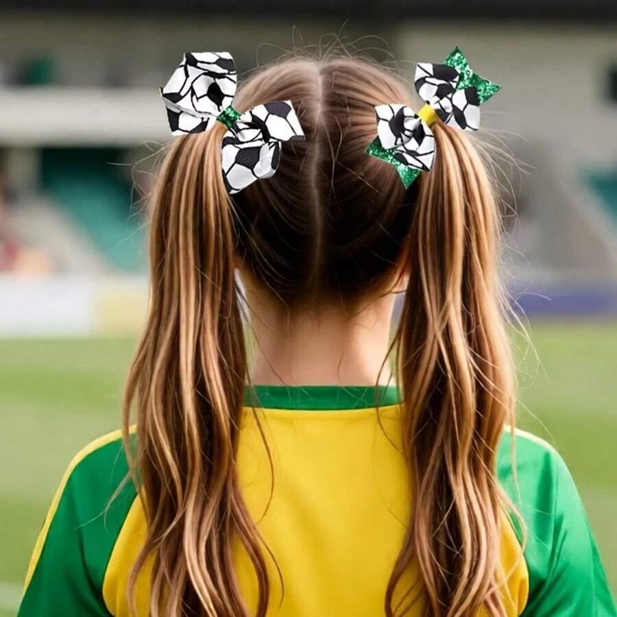 Ensemble d'accessoires pour cheveux de sport 4 pièces : pinces à cheveux à nœud motif football, pinces à cheveux fitness, accessoires pour cheveux de pom-pom girl pour femmes pour le quotidien et les fêtes, ensemble d'accessoires pour cheveux pour le jour de compétition, barrettes à cheveux, épingles à cheveux - Multicolore - Voir 1