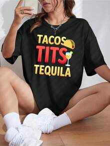 New Spring/Summer 2026 Fashion Short-Sleeve T-Shirt, Made In Mexico, 200g. 100% Cotton. Fun Graphic Tee With A Taco And Tequila Design, Cartoon Print, Suitable For Couples, Perfect For Layering Or Wearing Alone. Crew Neck, Versatile And Unisex. Suitable For Both Office And Casual Occasions. Individually Packaged. The Perfect Short-Sleeve T-Shirt For Summer. - 黑色 3 - 查看 1