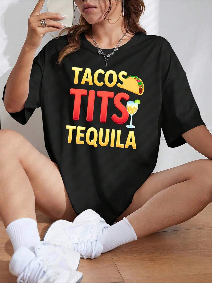 New Spring/Summer 2026 Fashion Short-Sleeve T-Shirt, Made In Mexico, 200g. 100% Cotton. Fun Graphic Tee With A Taco And Tequila Design, Cartoon Print, Suitable For Couples, Perfect For Layering Or Wearing Alone. Crew Neck, Versatile And Unisex. Suitable For Both Office And Casual Occasions. Individually Packaged. The Perfect Short-Sleeve T-Shirt For Summer. - 黑色 3 - 查看 1