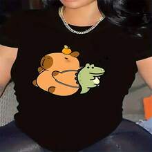 2026 Hot Summer Style Cartoon Capybara Dino Women's T-Shirt , All Occasion Outfit Light & Airy For Summer, Suitable For Leisure Sports Scenes. - Multicolor - View 1