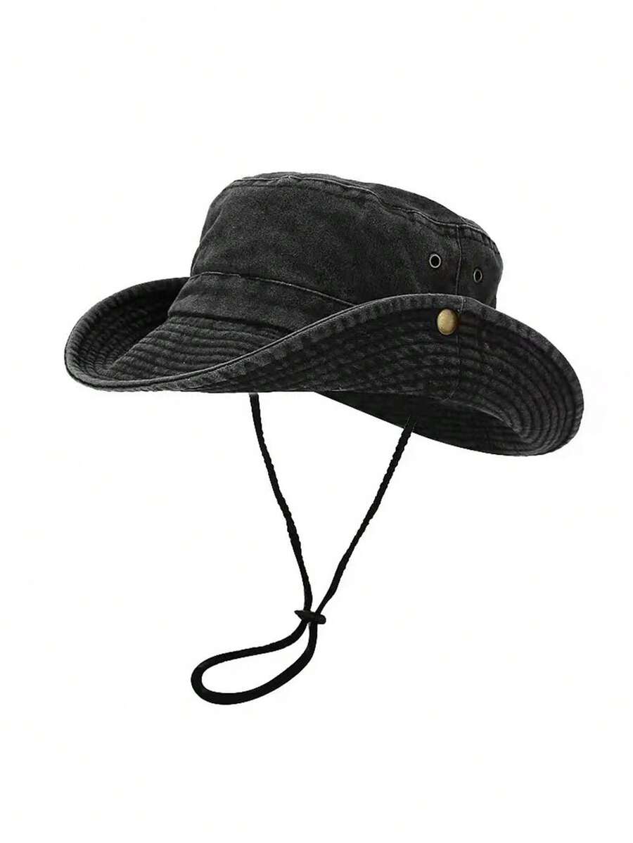 1 pieza Sombrero de cubo con cordón decorativo para mujer, diseño de correa ajustable para la barbilla, unicolor, minimalista y versátil, tratamiento desgastado, tela suave, protección solar y a prueba de viento, de moda, adecuado para viajes, playa, vacaciones, uso casual diario, unisex - Multicolor - Ver 1