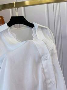 Women's White Long Sleeve Polyester Shirt With Lace Decoration, Fashionable Daily Wear, Pocket Design, Regular Fit - White - View 5
