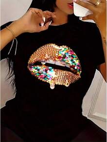 Conjunto de verano moderno para mujer, que incluye una camiseta de manga corta con cuello redondo. - Negro - Ver 2