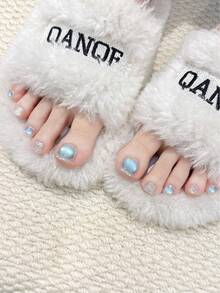 12pcs Handmade Press On Nails, Short Square Blue Cat Eye With Iridescent Glitter, Toe/Finger Fake Nails For Women - Multicolor - View 5