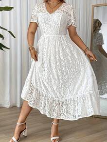 Plus Size Women's Long Dress, Elegant And Simple With Lace Details, Ideal For Holidays Or Parties, Belt Not Included - 象牙白色 - 查看 6