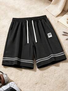 Men Waffle Knit Casual Shorts Textured Fabric Striped Hem Label Patch Elastic Drawstring Waist Loose Fit Summer Streetwear Athletic Workout Sports - Black - View 3