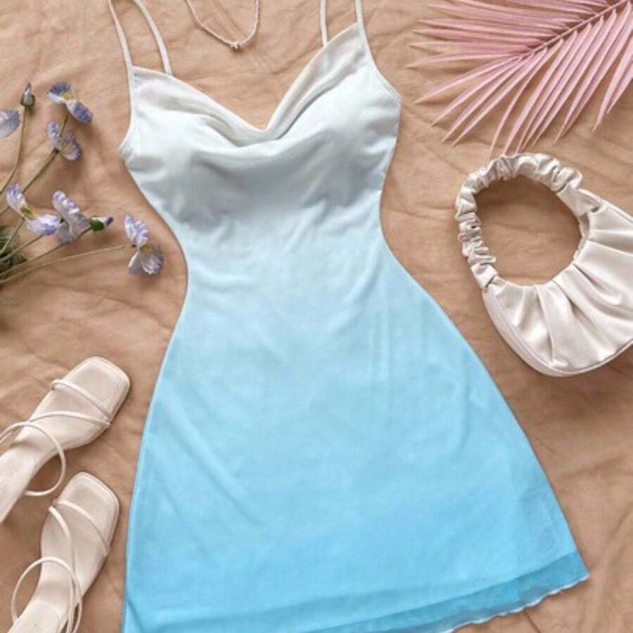 dahkjdgajy Vestido corto de mujer con tirantes finos y cuello drapeado en degradado de color, adecuado para la playa, el estilo occidental, festivales de música, vacaciones de verano y estilo bohemio - Multicolor - Ver 1