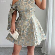 jianchaimaoyi02  Vestido mini asimétrico de hombro con cintura recogida, decoración de lazo y tela jacquard, elegante para fiesta/cita, primavera/verano - Verde - Ver 5