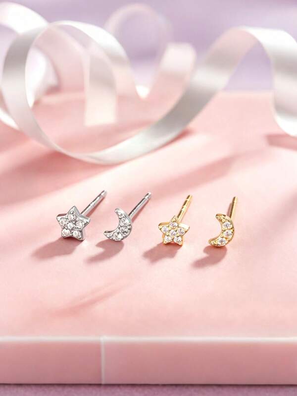 1 Pair S925 Sterling Silver Cute Fresh Star & Moon Asymmetric Stud Earrings, Fashionable Personalized Elegant Sweet Star & Moon Rhinestone Dreamy Earrings, Girl's Daily & Party Wear Simple Versatile Accessory Gift