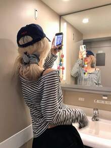 美式復古高端條紋拼色防曬長袖上衣 女款修身薄款內搭襯衫 夏季女裝上衣 黑色 - 黑色 - 查看 2