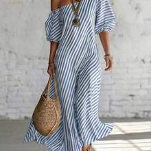 Vestido suelto asimétrico de hombro con textura de rayas de estilo retro y casual de vacaciones "Island Breeze" para mujeres AG - Multicolor - Ver 5