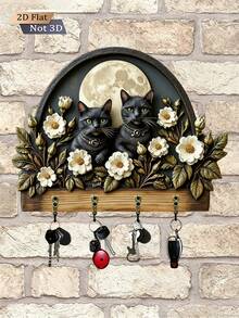 Black Cat Theme Wooden Key Holder, Multi-Functional Wooden Home Decor Wall-Mounted Key Storage Rack, Creative Cat-Shaped Storage Shelf, Entryway Hook, Wall Decor, Porch Decor, Room Decor, Villa Decor, All-Season Home Decor, 2D Flat Design, 1pc - Two Black Cats - View 2