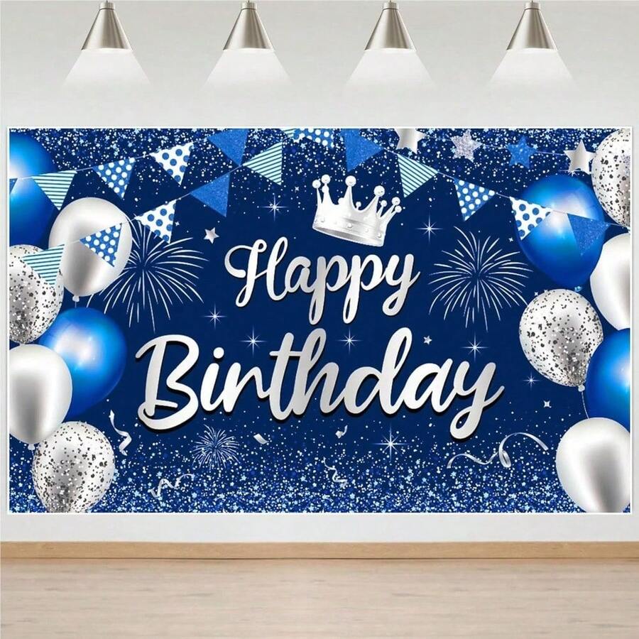 1件生日快樂橫幅 - 藍色與銀色懸掛式生日裝飾相片背景海報,中性生日標誌適用於生日派對、蛋糕桌橫幅、攝影背景主題派對裝飾 - 完美適用於慶祝房間裝飾、室內與室外活動裝飾、派對用品、節日慶祝、週年紀念、禮物派對,無需電力,活動規劃必備 - 查看 1