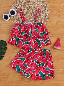 Girls' Summer Watermelon Print Camisole Top + Shorts Set, 4-8Y Sweet Fruit Style 2 Pieces Outfit, Open Shoulder Cami Design + Elastic Waist Shorts, Suitable For Beach Vacation/Daily Wear - Red - View 3