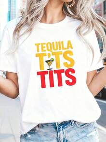 New Spring/Summer 2026 Fashion Short-Sleeve T-Shirt, Made In Mexico, 200g. 100% Cotton. Fun Graphic Tee With A Taco And Tequila Design, Cartoon Print, Suitable For Couples, Perfect For Layering Or Wearing Alone. Crew Neck, Versatile And Unisex. Suitable For Both Office And Casual Occasions. Individually Packaged. The Perfect Short-Sleeve T-Shirt For Summer. - 白色 4 - 查看 1