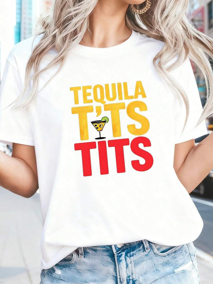 New Spring/Summer 2026 Fashion Short-Sleeve T-Shirt, Made In Mexico, 200g. 100% Cotton. Fun Graphic Tee With A Taco And Tequila Design, Cartoon Print, Suitable For Couples, Perfect For Layering Or Wearing Alone. Crew Neck, Versatile And Unisex. Suitable For Both Office And Casual Occasions. Individually Packaged. The Perfect Short-Sleeve T-Shirt For Summer. - 白色 4 - 查看 1