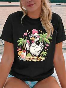 Lustiges Hühner-T-Shirt für Sommer und Herbst, Premium-Baumwolle, Grafikdesign, l?ssig, atmungsaktiv, Neuheit - Schwarz - Übersicht 1