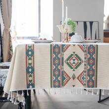 1PC Beige Geometric Retro Print Tablecloth With Tassel Edge, Rectangular Anti-Stain Dining Table Mat For Home Use - Multicolor - View 4