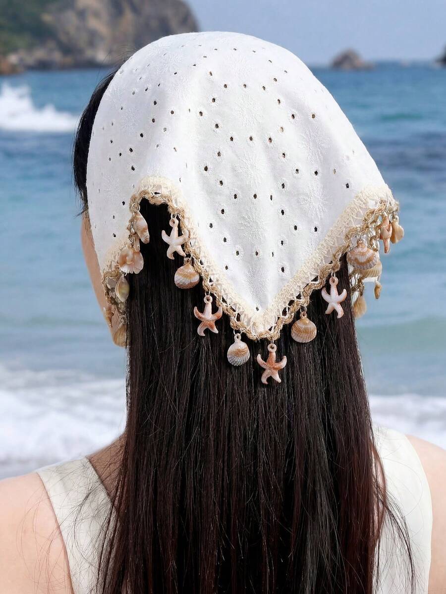 1件女款優雅波希米亞風白色花卉印花鏤空亮片海星吊墜裝飾髮帶,適合日常佩戴與度假夏季髮飾,沙灘髮帶、度假頭巾沙灘方巾度假圍巾 - 白色 - 查看 1