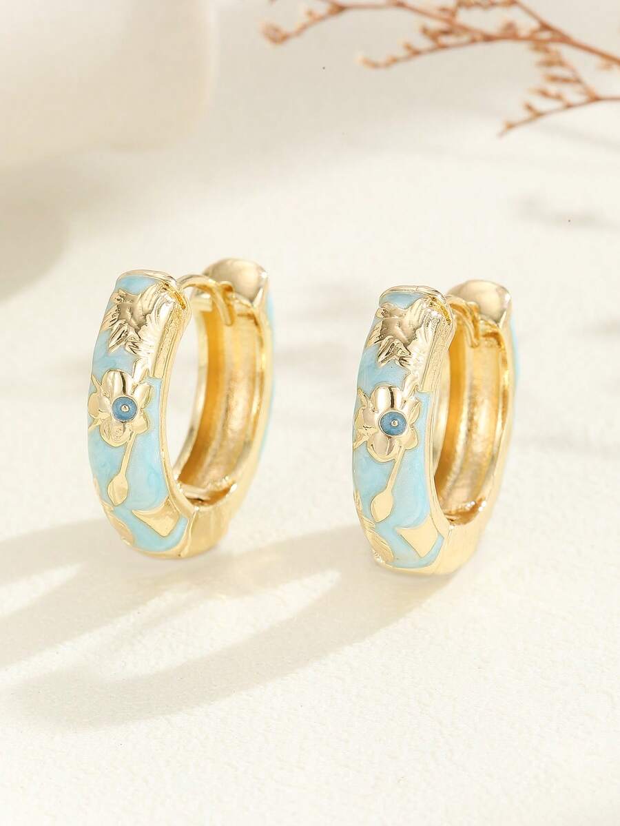 1 Pair Fashion New Gilded Copper Floral Enamel Hoop Earrings, Suitable For Women And Girls - Baby Blue - View 1