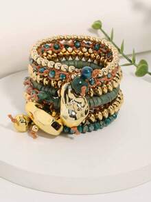 1 Peça Pulseira de Mola Multicamadas com Pingente Assimétrico de Corda Trançada com Contas de Pedra Natural Falsa, Estilo Luxo Vintage de Férias, Adequada para Uso Diário Feminino / Look Vintage / Férias na Praia - S-715 - Visão 5