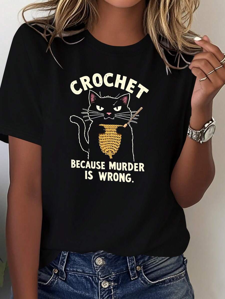 Funny Women's T-Shirt With Cat Print And The Phrase "Crochet Because Is Bad" - 100% Casual And Comfortable, With Cat And Yarn Ball Design, Ideal For Daily Use And Craft Activities. - 黑色 - 查看 1