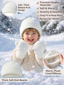 3PCS 0-2Y 2-6Y Knitted Beanie Hat & Gloves Set For Baby Boys And Girls, Soft & Comfortable Pull-On Style, Suitable For Cold Winter - 3PCS - View 3