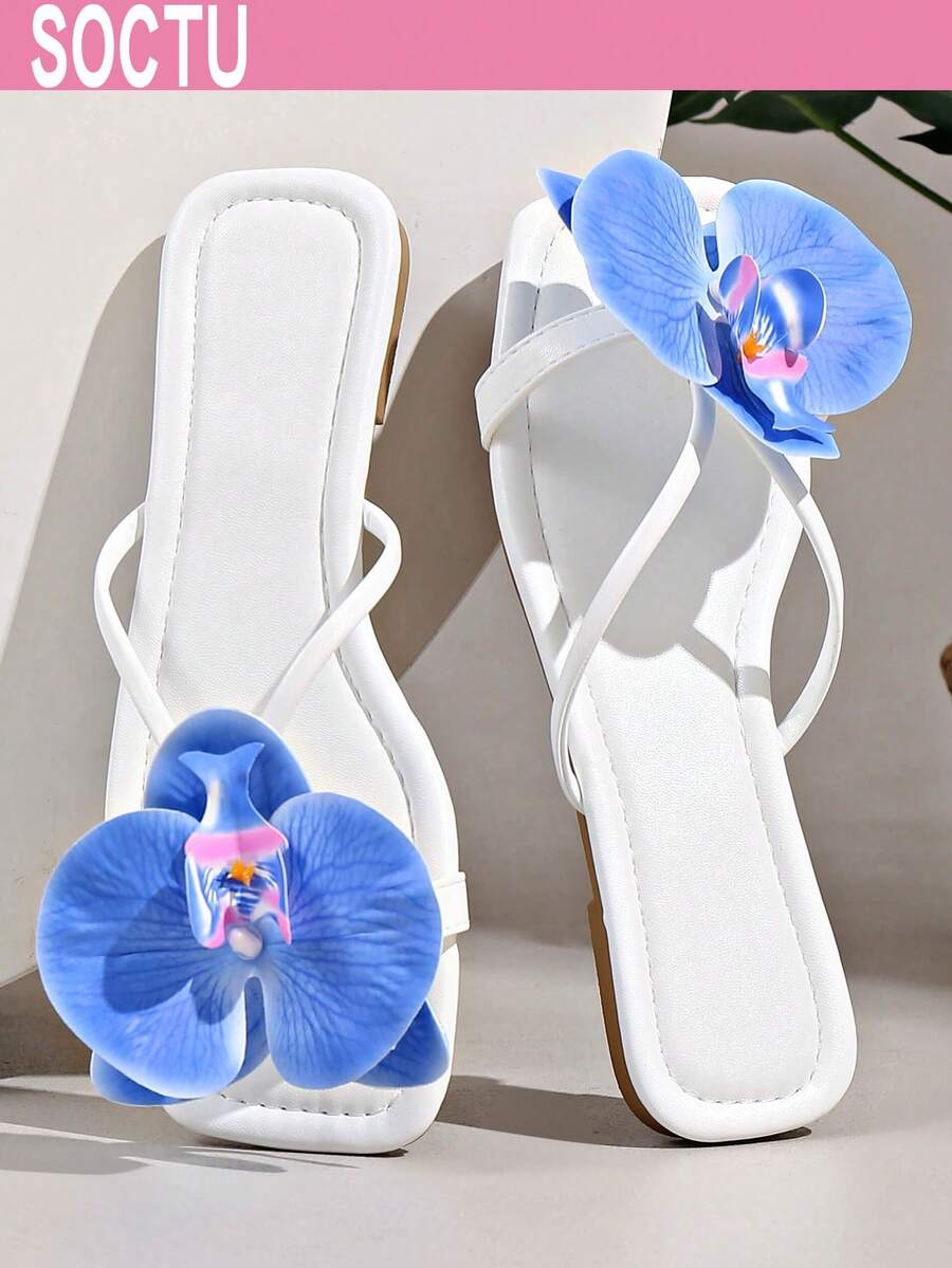 女款雞蛋花夾腳拖鞋,方頭平底涼拖,夏季海灘度假鞋 - 白色 - 查看 1