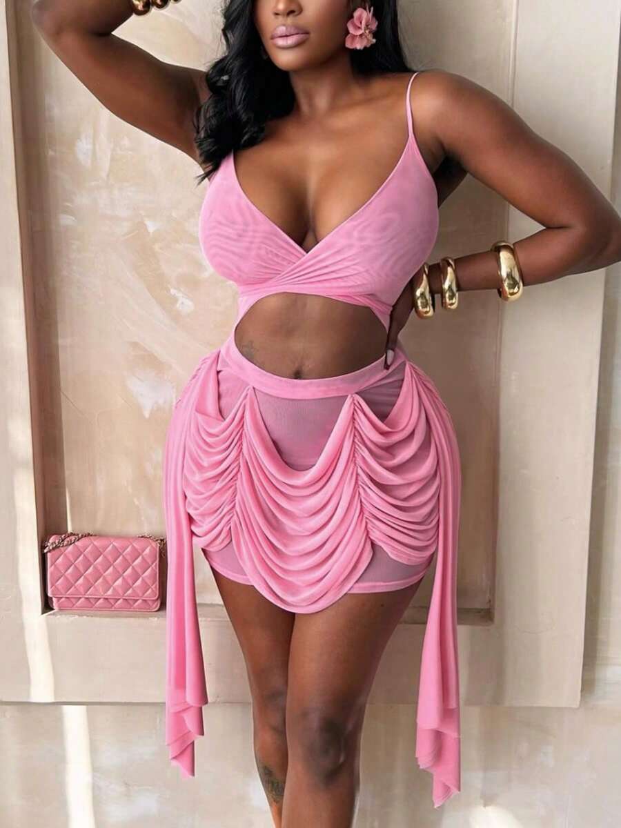 DOUCIU Hot Girl Sheer See Through Draped Hollow Sexy Spaghetti Strap Dresses Party Night Club Style - Pink - View 1