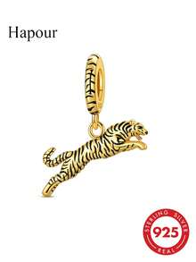 1pc Original 925 Sterling Silver Pendant Bead 18K Gold Plated Black Pattern Tiger Head Pendant Elegant Jewelry Gift Compatible With Original Bracelet & Necklace DIY - Gold - View 8