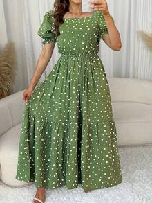 1pc Vestido Casual de Mujer con Lunares, Maxi A-Line con Cuello Cuadrado, Tela, para Primavera/Verano/Otoño - Azul - Ver 6