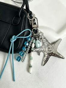 Coastal Denim Girl Starfish Bag Charm - Silver Starfish & Blue Bead Keychain, Ocean Theme Handbag Pendant, Summer Y2K Independent Nautical Accessory For Women, Silver Spiral Starfish Bag Charm, Blue Crystal & Fish-Shaped Bead Handbag Pendant, Bohemian Style Backpack Charm, Suitable For Vacation & Daily Use, Travel, Holiday, Teacher's Day, Birthday And Back To School Gifts - Multicolor - View 1
