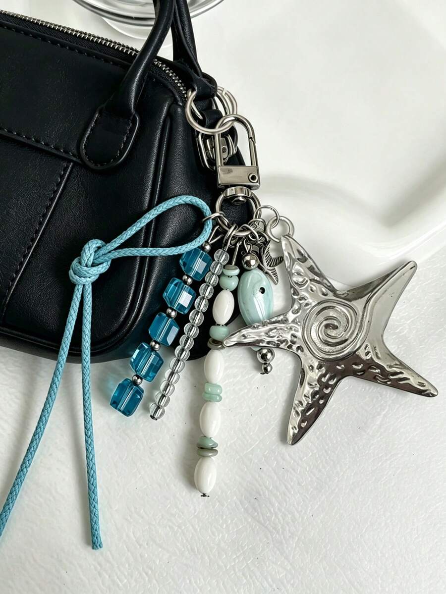 Coastal Denim Girl Starfish Bag Charm - Silver Starfish & Blue Bead Keychain, Ocean Theme Handbag Pendant, Summer Y2K Independent Nautical Accessory For Women, Silver Spiral Starfish Bag Charm, Blue Crystal & Fish-Shaped Bead Handbag Pendant, Bohemian Style Backpack Charm, Suitable For Vacation & Daily Use, Travel, Holiday, Teacher's Day, Birthday And Back To School Gifts - Multicolor - View 1