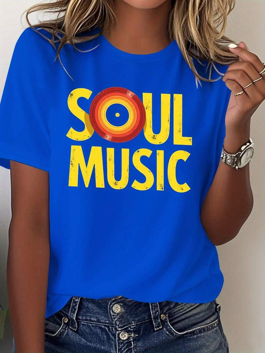 Women's T-Shirt With Vintage Soul Music Print - 70s Vinyl Record Design And Bold Font, Black With Yellow Print, Casual Style, Soft Pure Cotton, Comfortable For All Seasons, A Must-Have For Music Lovers. Printed T-Shirt - 藍色 - 查看 1