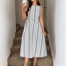 xuehuamaoyi02  X GALILEA  LUNE Vestido midi entallado en la cintura con pliegues, de cuello redondo y sin mangas, de tela de algodón a rayas, casual, elegante para el resort y uso diario para mujeres - Azul y blanco - Ver 10