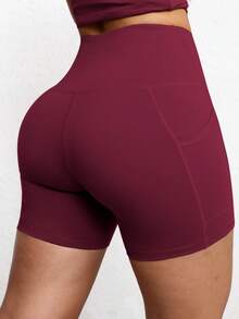 Women's Summer Solid Color Butt-Lifting Pocket Shorts, High Waist Tummy Control, Suitable For Fitness, Yoga, Running, Gym, Tennis Sports - Red - View 7