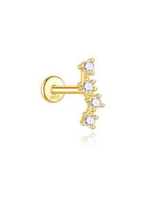 قطعة واحدة من أقراط ثقب الغضروف من الفضة الإسترلينية عيار 925 مع أربعة أحجار زركونيا مكعبة، ظهر مسطح منحني، مطلية بالذهب، ظهر لولبي، لثقب الهيليكس والترقوة، مضادة للحساسية، مجوهرات أذن للنساء للاستخدام اليومي والحفلات - الذهبي - مشاهدة 4