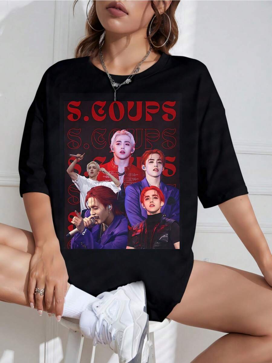 S.Coups Seventeens T-Shirt - New For 2026 - Unisex S.Coups SEVENTEENs T-Shirt, Suitable For Larger Sizes, Vintage 90s K-Pop Bootleg T-Shirt, Merchandise For Carat Fandom Fans, Casual Grunge Aesthetic Top. - 黑色 - 查看 1