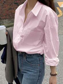 Camisa de manga larga con bolsillo y hombros caídos - Rosa - Ver 12