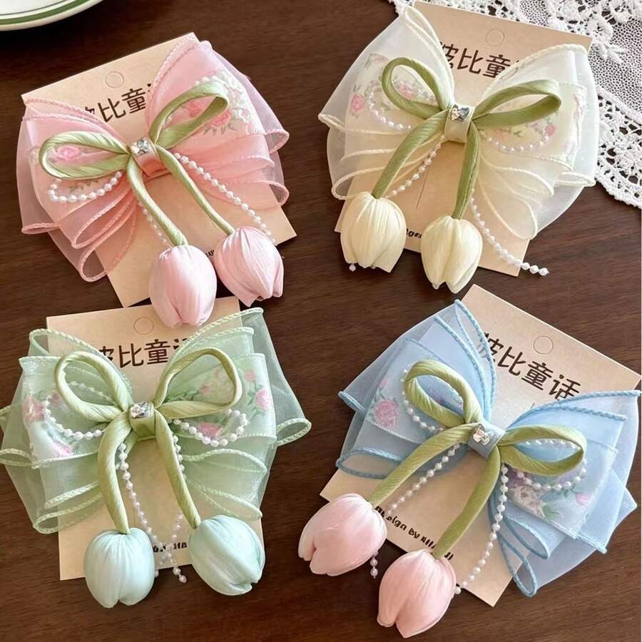 1pc Bow Cute Polyester (Polyester) Hair Clip All Seasons Girls Tulip Hair Clip Hair Accessory New Women Sweet Hair Clip Hair Clip Princess Elegant Hair Clip Headpiece Suitable For Daily Outings Travel Back To School Season,Claw Clips - Multicolor - View 1
