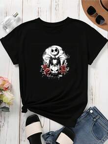 Disney Women Casual T Shirt  Black Jack Skellington And Roses Print For Halloween Party And Daily Wear - 黑色 - 查看 3