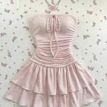 Nana's Women's Clothing Store  Vestido mini de mujer de rayas blancas y rosas con pliegues, casual de verano para vacaciones - Multicolor - Ver 2